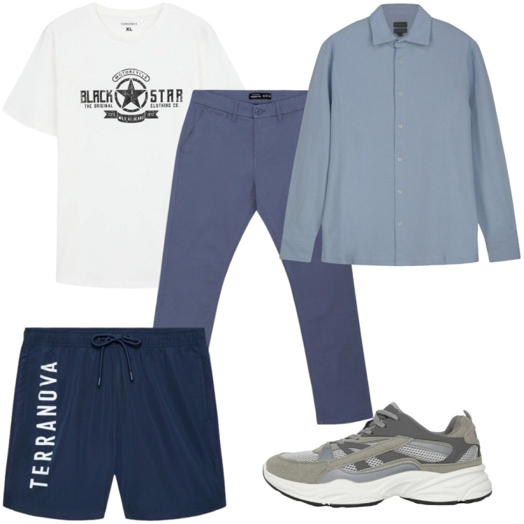 Outfit uomo - Total look #2453610. Stile Trendy per Mare. Abbinamento con pantaloni chino, t-shirt, sneakers, costumi, polo.