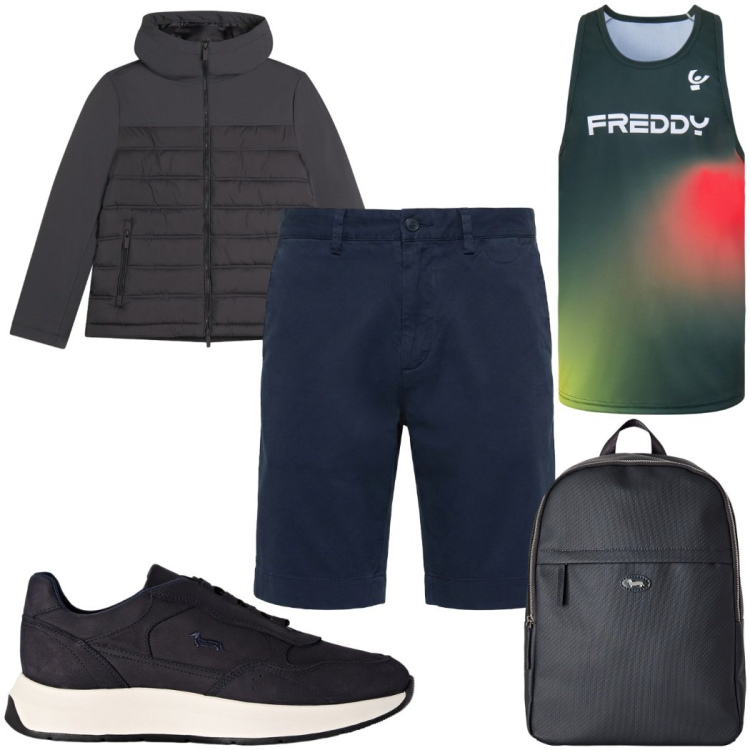 Outfit uomo - Total look #2453611. Stile Casual per Tutti i giorni. Abbinamento con bermuda, borse sportive, sneakers, piumini, canottiere.