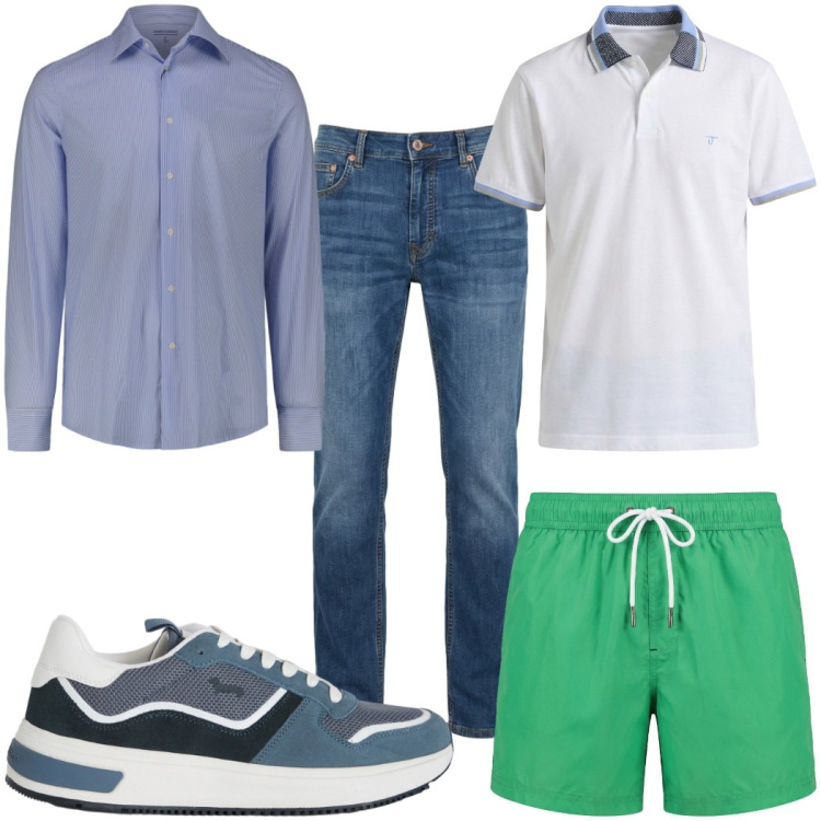 Outfit uomo - Total look #2453612. Stile Trendy per Mare. Abbinamento con jeans, polo, costumi, sneakers, camicie.