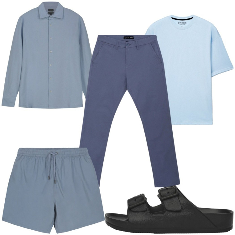 Outfit uomo - Total look #2453614. Stile Trendy per Mare. Abbinamento con pantaloni chino, t-shirt, sandali, polo, costumi.