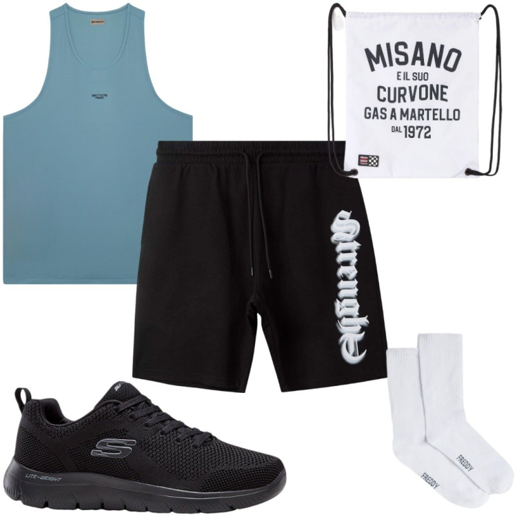 Outfit uomo - Total look #2453616. Stile Trendy per Sport. Abbinamento con sneakers, bermuda, borse sportive, canottiere, calzini.