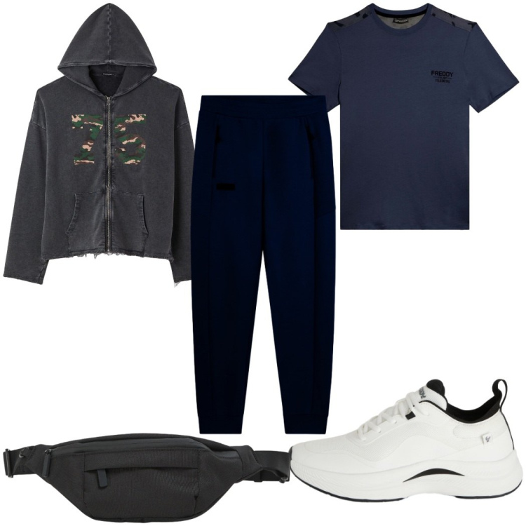 Outfit uomo - Total look #2453618. Stile Trendy per Sport. Abbinamento con felpe con cappuccio, borse sportive, sneakers, t-shirt, pantaloni.