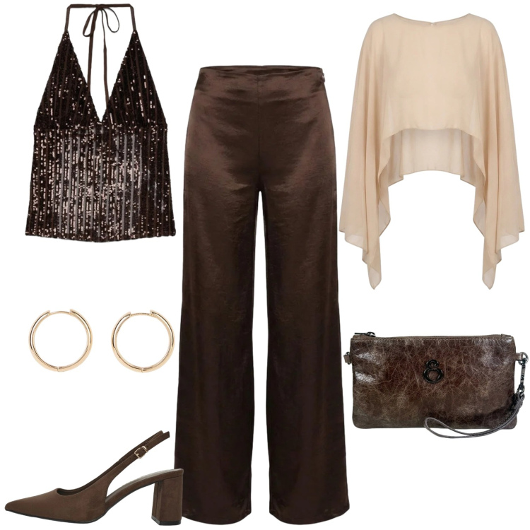 Outfit donna - Cena vista mare - Focus donna curvy. Stile Glamour per Serata fuori. Abbinamento con orecchini, décolleté, top, pochette, pantaloni a palazzo, blazer.