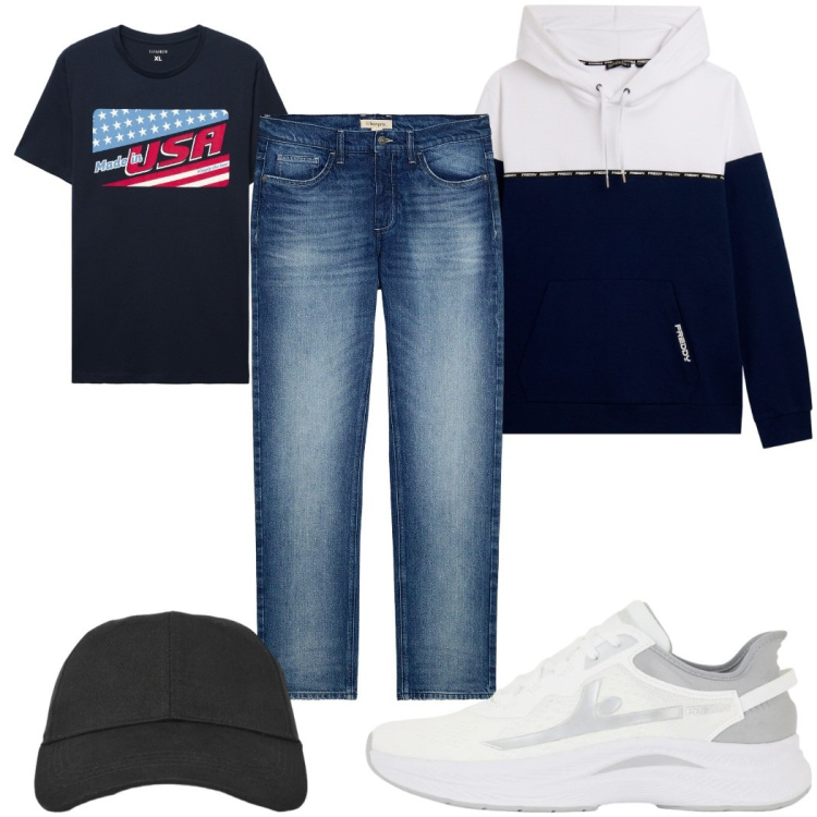 Outfit uomo - Total look #2453623. Stile Casual per Tutti i giorni. Abbinamento con jeans dritti, cappelli con visiera, t-shirt, felpe con cappuccio, sneakers.
