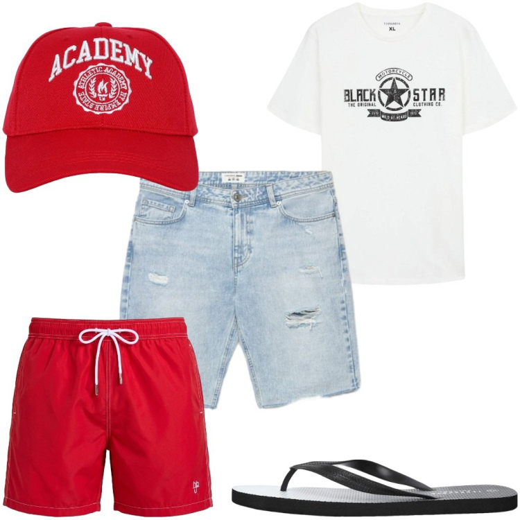 Outfit uomo - Total look #2453625. Stile Trendy per Mare. Abbinamento con costumi, cappelli, t-shirt, sandali, shorts.