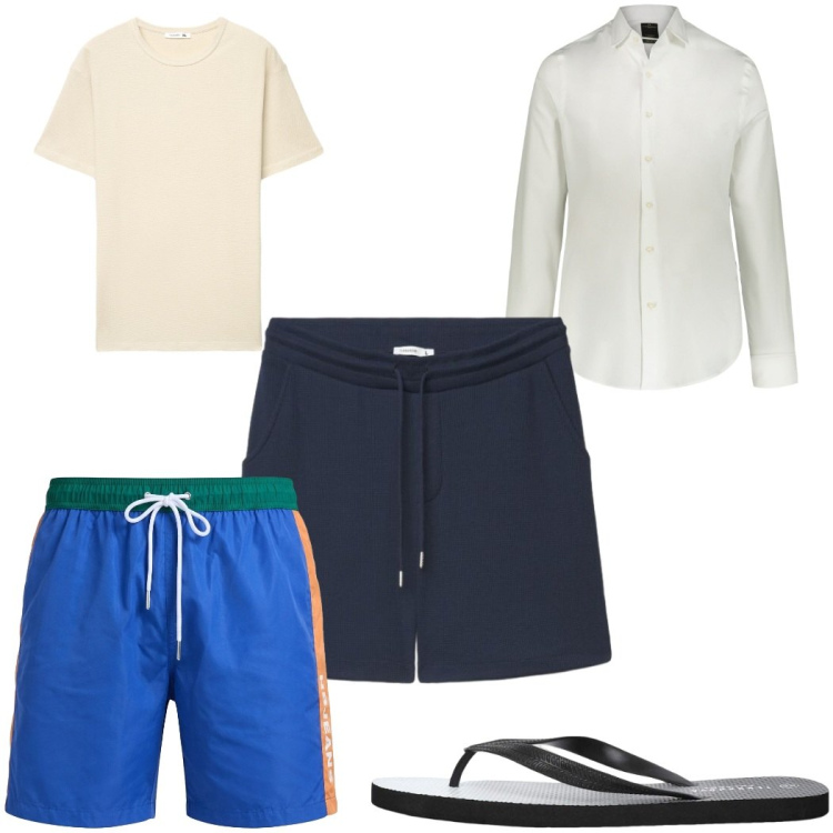 Outfit uomo - Total look #2453627. Stile Trendy per Mare. Abbinamento con costumi, sandali, bermuda, t-shirt, camicie.