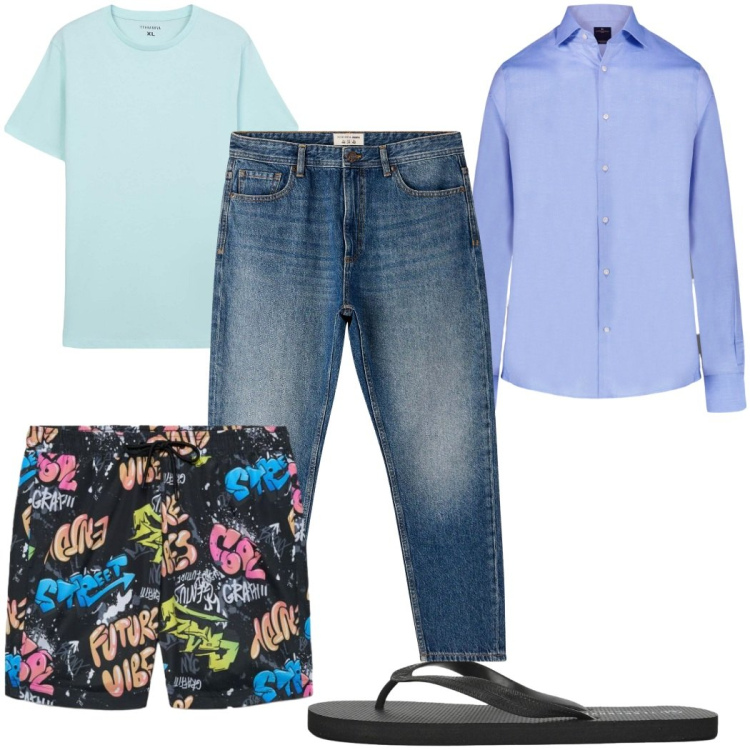 Outfit uomo - Total look #2453630. Stile Trendy per Mare. Abbinamento con t-shirt, jeans, sandali, costumi, camicie.