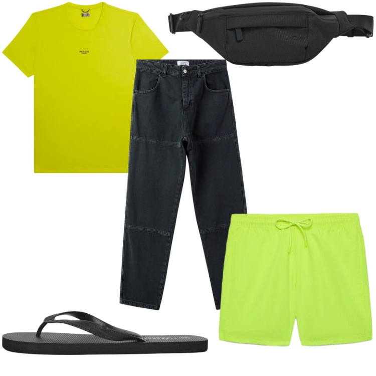 Outfit uomo - Total look #2453632. Stile Trendy per Mare. Abbinamento con pantaloni, borse sportive, sandali, costumi, t-shirt.