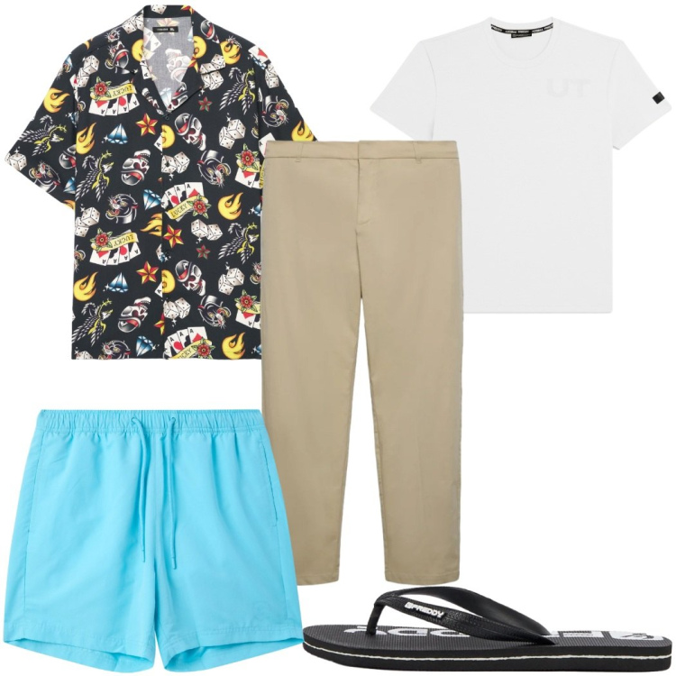 Outfit uomo - Total look #2453634. Stile Trendy per Mare. Abbinamento con camicie a manica corta, costumi, pantaloni chino, t-shirt, sandali.