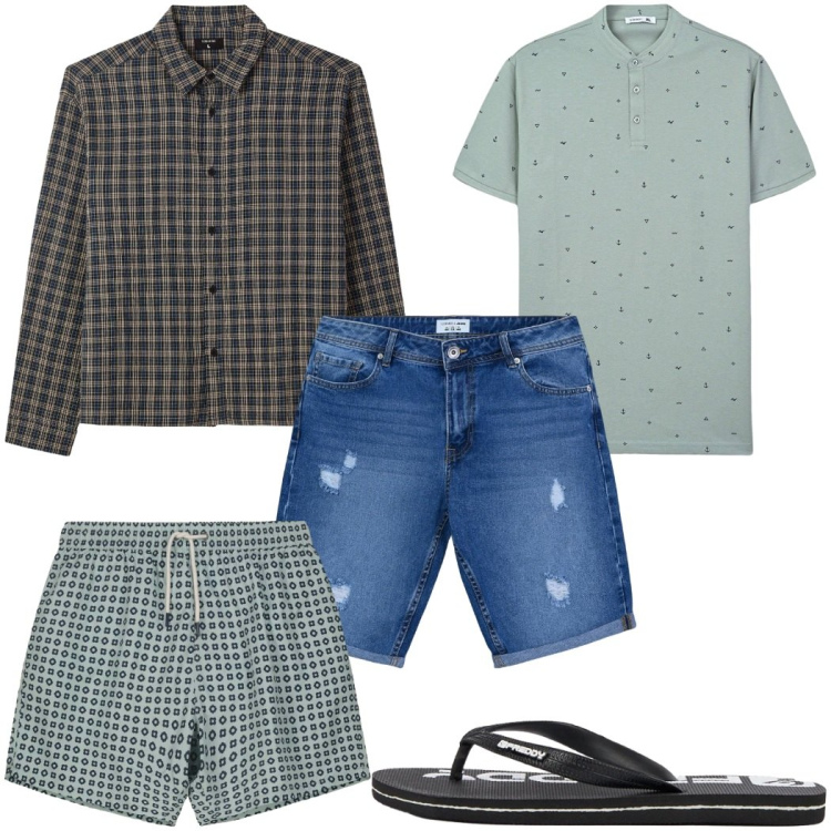 Outfit uomo - Total look #2453636. Stile Trendy per Mare. Abbinamento con t-shirt, bermuda, camicie, costumi, sandali.