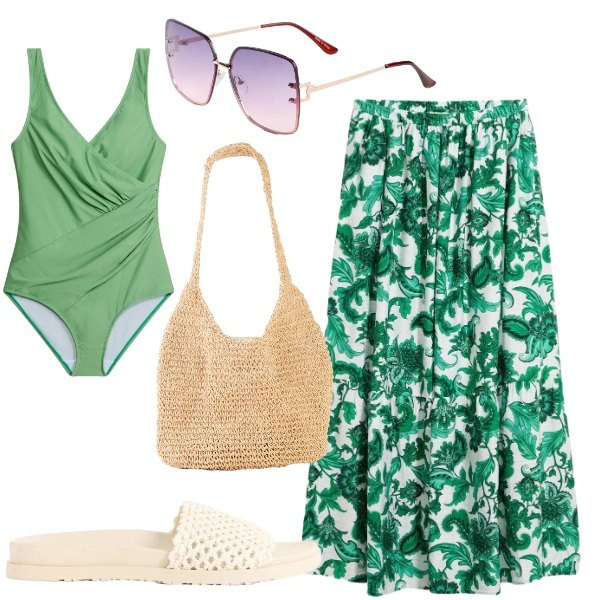 Outfit donna - Boho in riva al mare. Stile Boho per Mare. Abbinamento con costumi interi, shopping bag, occhiali da sole, ciabatte, gonne lunghe.