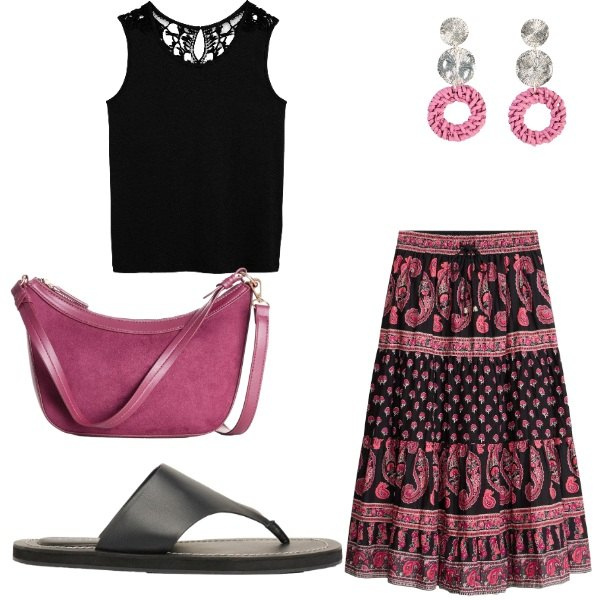Outfit donna - Aperitivo in riva al mare. Stile Boho per Mare. Abbinamento con canottiere, gonne lunghe, orecchini, borse a tracolla, infradito.