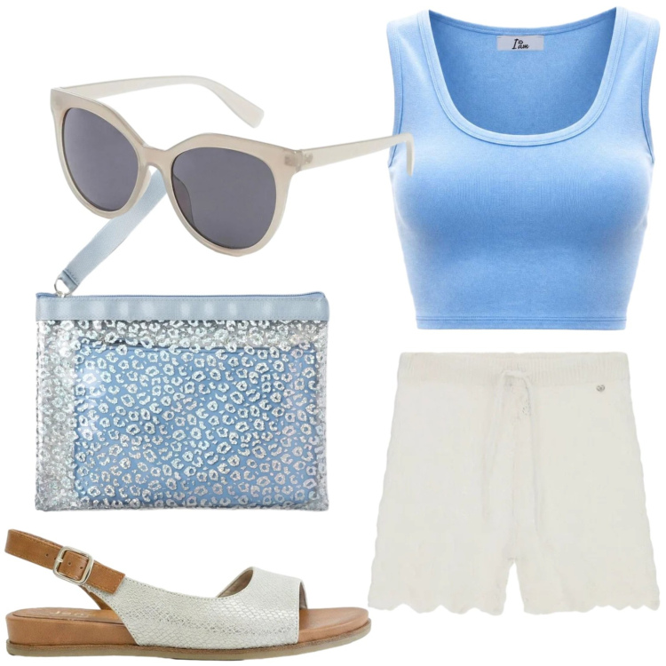 Outfit donna - Finalmente ferie. Stile Basic per Tutti i giorni. Abbinamento con sandali, occhiali da sole, pochette, canottiere, shorts.