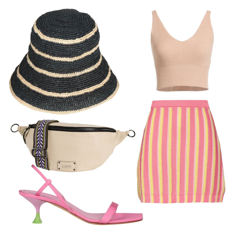 Outfit donna - Righe protagoniste. Stile Chic per Tutti i giorni. Abbinamento con marsupi, top, sandali in pelle, cappelli con visiera, minigonne.