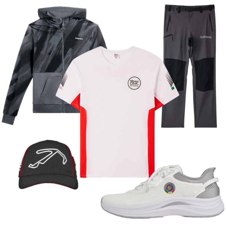 Outfit uomo - Giornata in escursione. Stile Casual per Sport. Abbinamento con cappelli con visiera, t-shirt sportive, pantaloni sportivi, felpe con cappuccio, scarpe sportive.
