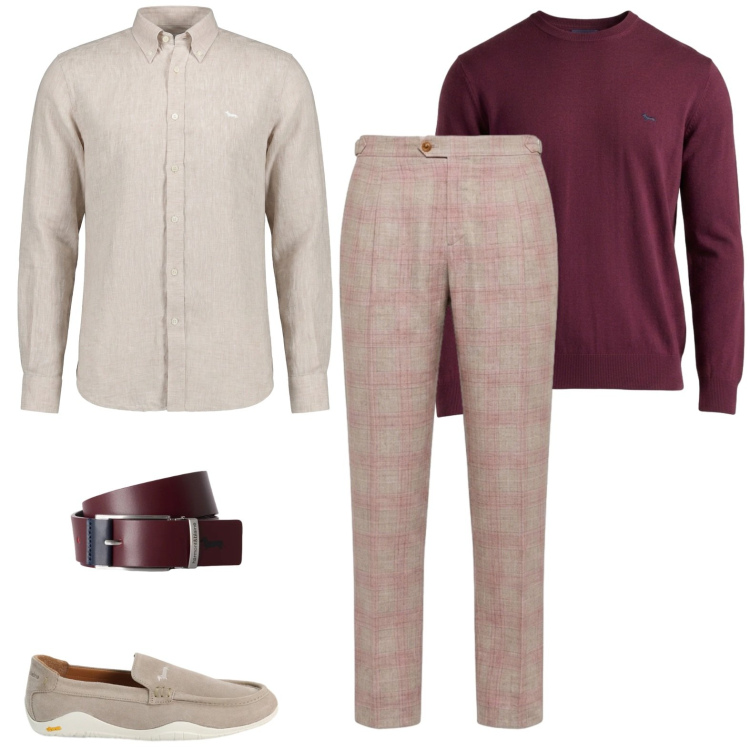 Outfit uomo - Cena di fine estate. Stile Trendy per Serata speciale. Abbinamento con scarpe stringate, pantaloni, camicie, cinture, maglieria.