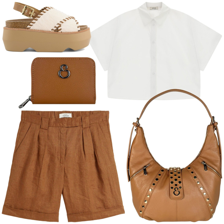 Outfit donna - Metropolitan Escape - Trendy. Stile Trendy per Tutti i giorni. Abbinamento con bermuda, camicie a manica corta, portafogli, borse a spalla, zeppe.