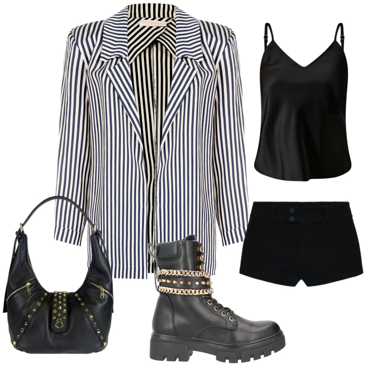 Outfit donna - Rock stripes. Stile Rock per Serata fuori. Abbinamento con anfibi, shorts, top, blazer, borse a spalla.