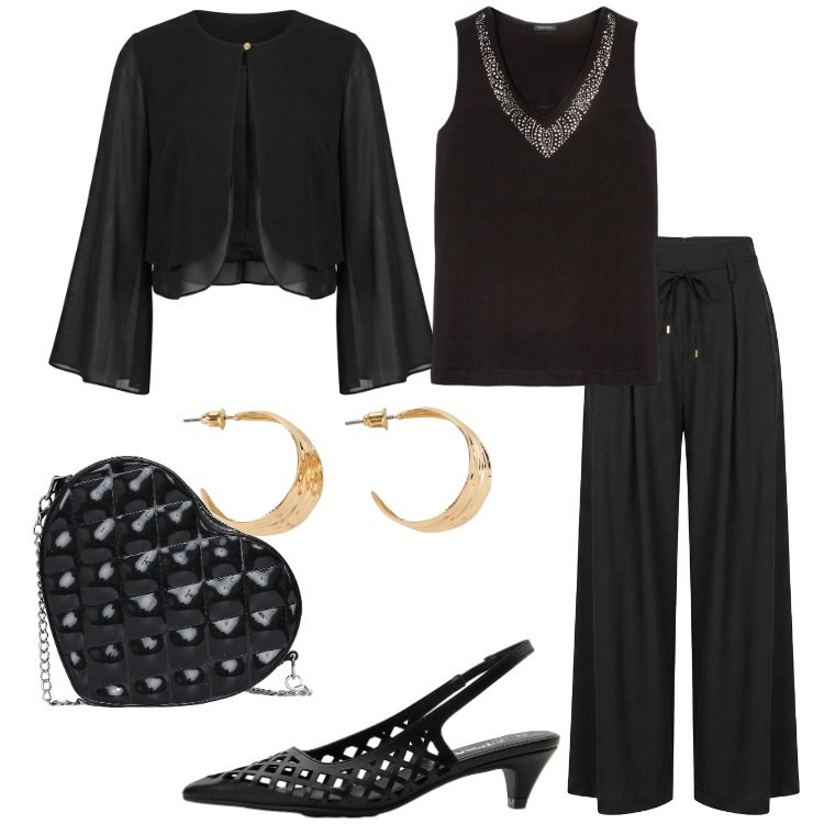 Outfit donna - Total black per la sera. Stile Chic per Serata fuori. Abbinamento con orecchini, décolleté, borse a tracolla, canottiere, pantaloni a palazzo, blazer.