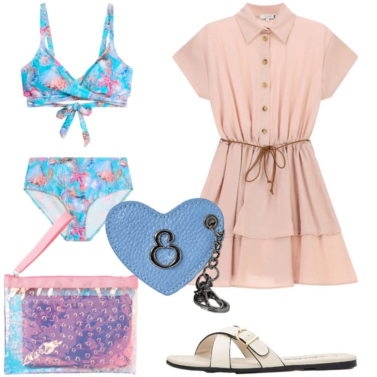 Outfit donna - Romantica in spiaggia. Stile Romantica per Mare. Abbinamento con bikini, ciabatte, pochette, vestiti corti, portachiavi.