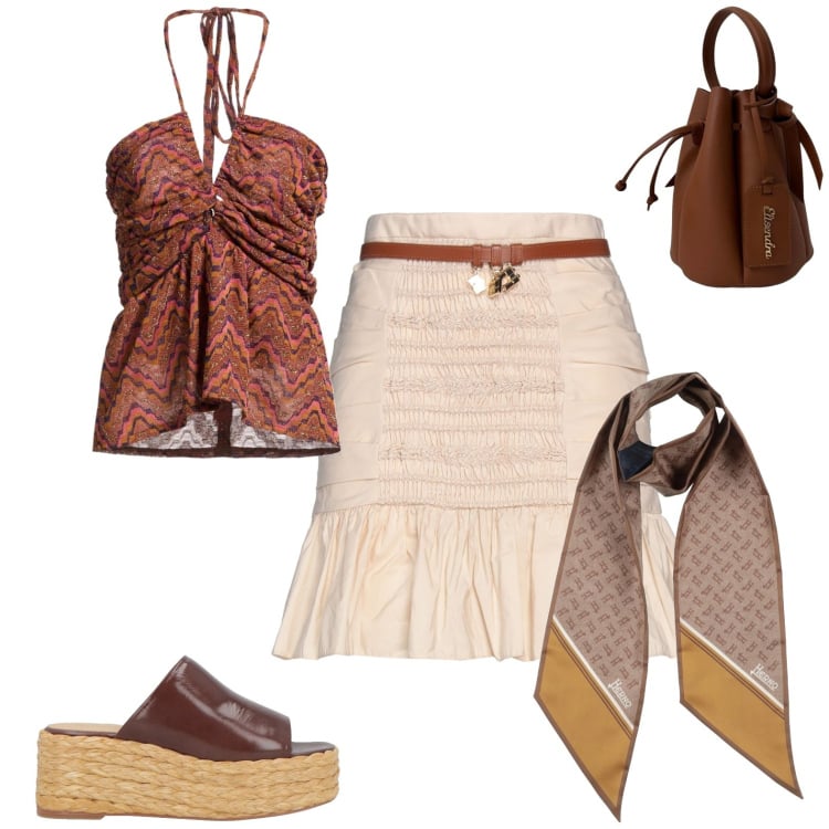 Outfit donna - Chic boho. Stile Casual chic per Tutti i giorni. Abbinamento con minigonne, top, sciarpe, espadrillas, borse a secchiello.