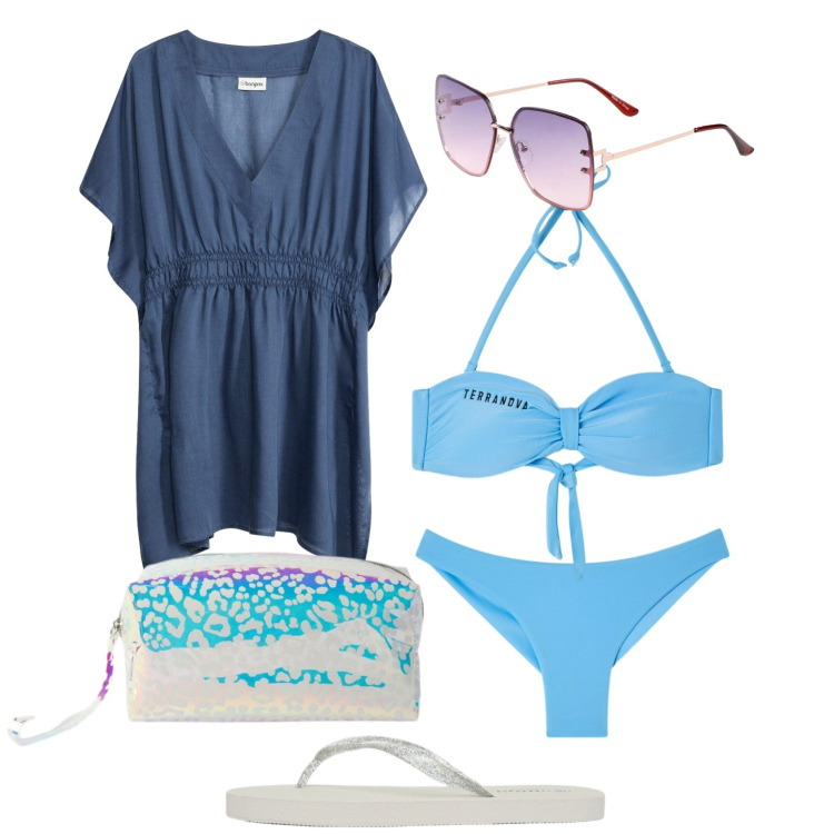 Outfit donna - Spiaggia. Stile Casual per Tutti i giorni. Abbinamento con occhiali da sole, vestiti da spiaggia, pochette, infradito, bikini, bikini.