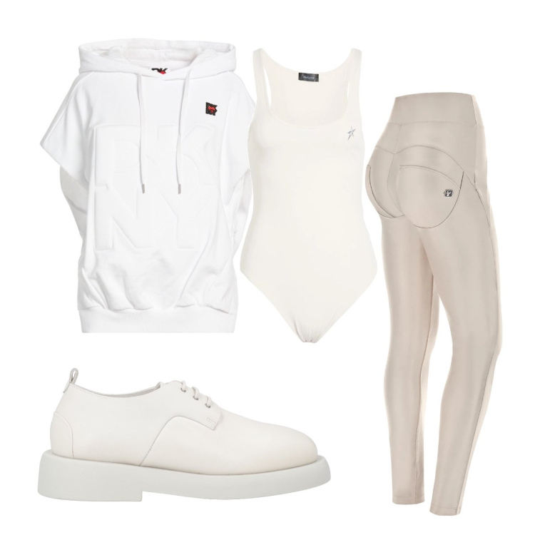 Outfit donna - Agosto. Stile Sporty chic per Tutti i giorni. Abbinamento con scarpe stringate, body, felpe con cappuccio, pantaloni skinny.
