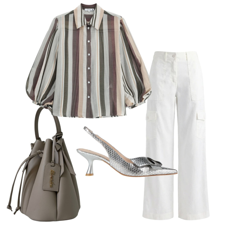 Outfit donna - Righe per cena. Stile Casual chic per Serata fuori. Abbinamento con décolleté, pantaloni cargo, camicie, borse a secchiello.