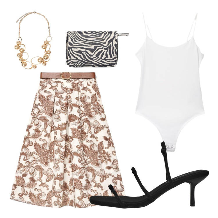Outfit donna - Evento. Stile Trendy per Cerimonia. Abbinamento con top, portafogli, sandali col tacco, gonne lunghe, collane.