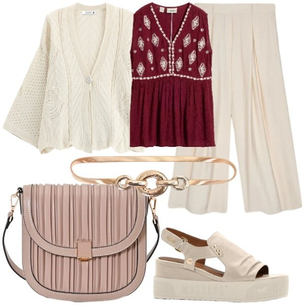 Outfit donna - Metropolitan Escape. Stile Casual chic per Tutti i giorni. Abbinamento con canottiere, sandali, borse a tracolla, cinture, cardigans, pantaloni a palazzo.