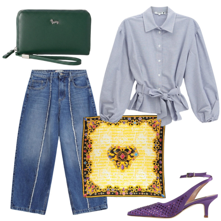 Outfit donna - Dettagli dal colore deciso. Stile Trendy per Tutti i giorni. Abbinamento con décolleté, sciarpe, camicie, jeans dritti, portafogli.