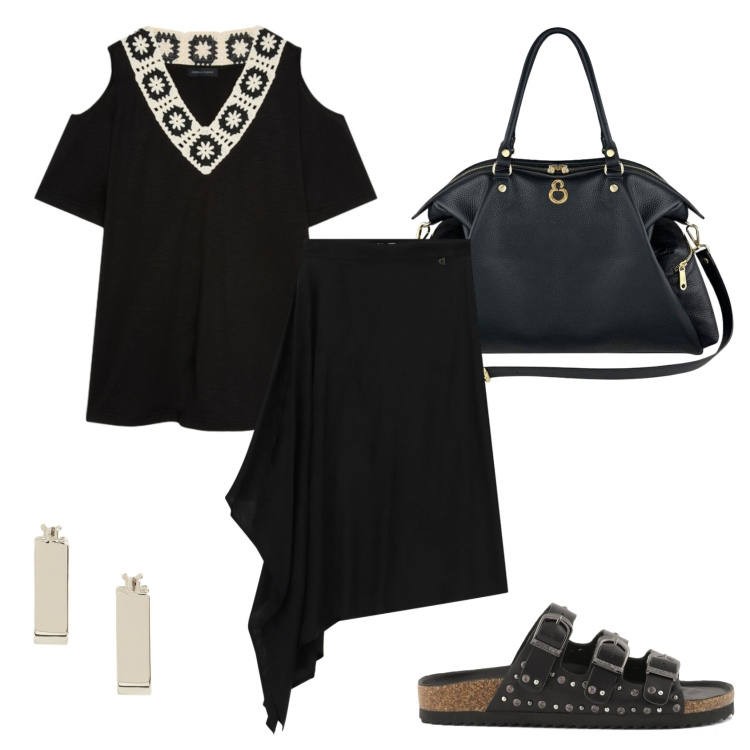 Outfit donna - Total look #2453687. Stile Casual chic per Tutti i giorni. Abbinamento con gonne longuette, t-shirt, orecchini, shopping bag, sandali.