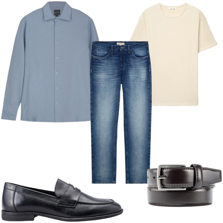 Outfit uomo - Total look #2453693. Stile Casual per Ufficio. Abbinamento con jeans dritti, t-shirt, cinture, polo, scarpe stringate.