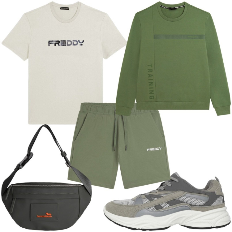 Outfit uomo - Total look #2453695. Stile Trendy per Sport. Abbinamento con borse sportive, sneakers, t-shirt, felpe, pantaloni corti.
