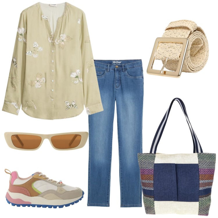 Outfit donna - Total look #2453697. Stile Casual chic per Tutti i giorni. Abbinamento con camicie, jeans dritti, occhiali da sole, sneakers, cinture, shopping bag.