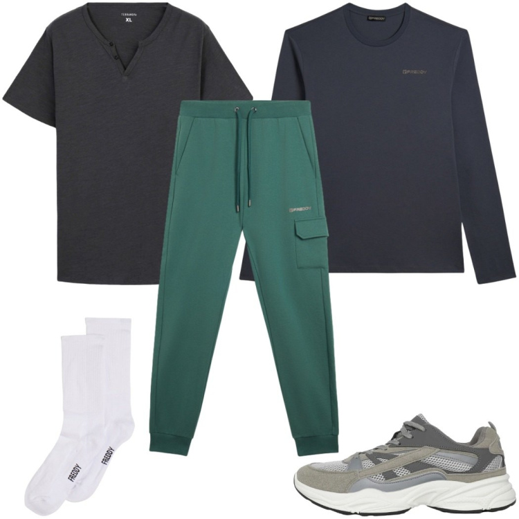 Outfit uomo - Total look #2453698. Stile Casual per Sport. Abbinamento con t-shirt, sneakers, pantaloni cargo, calzini, t-shirt.