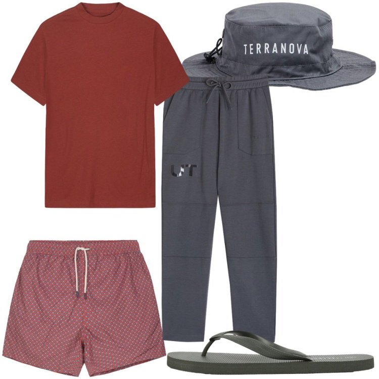 Outfit uomo - Total look #2453700. Stile Trendy per Mare. Abbinamento con sandali, cappelli, t-shirt, costumi, pantaloni.
