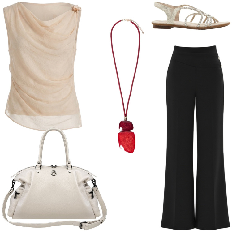 Outfit donna - Cena vista mare. Stile Chic per Serata fuori. Abbinamento con sandali, top, pantaloni a palazzo, ciondoli, shopping bag.