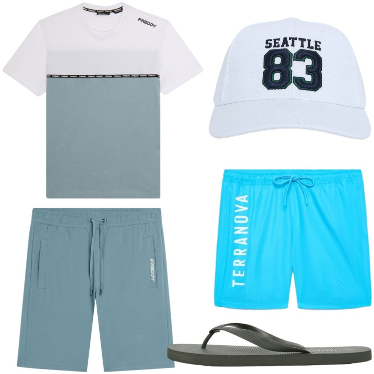 Outfit uomo - Total look #2453702. Stile Trendy per Mare. Abbinamento con cappelli con visiera, sandali, costumi, pantaloni corti, t-shirt.
