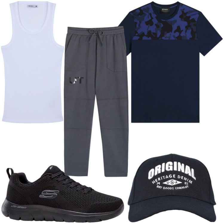 Outfit uomo - Total look #2453703. Stile Trendy per Sport. Abbinamento con sneakers, canottiere, cappelli con visiera, pantaloni, t-shirt.