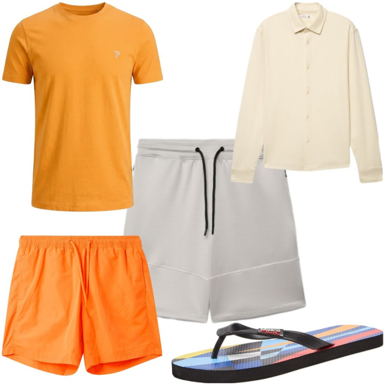 Outfit uomo - Total look #2453704. Stile Trendy per Mare. Abbinamento con t-shirt, pantaloni corti, sandali, costumi, camicie.