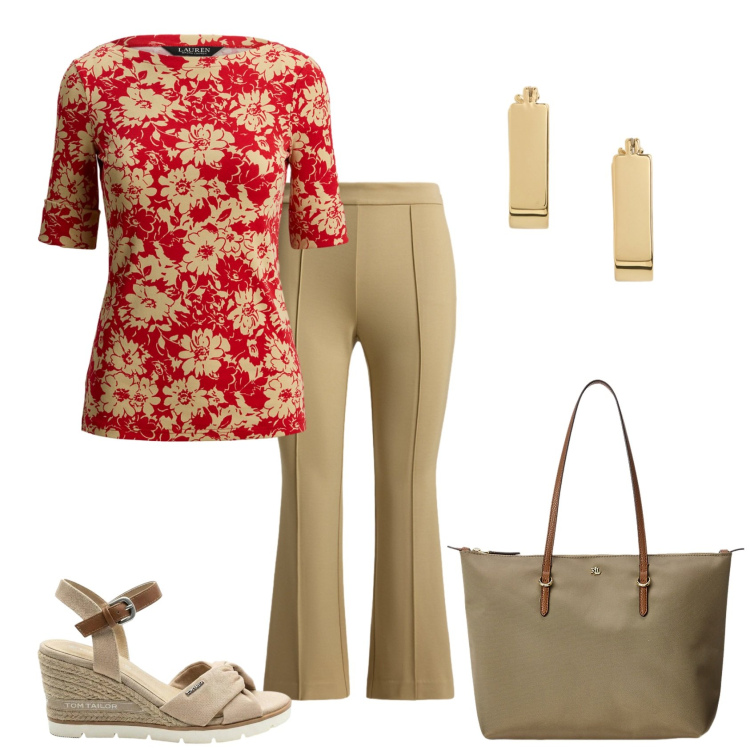 Outfit donna - Total look #2453705. Stile Casual chic per Tutti i giorni. Abbinamento con sandali col tacco, borse tote, orecchini, t-shirt, pantaloni.