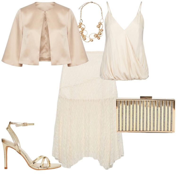 Outfit donna - Chic serata evento speciale. Stile Chic per Serata fuori. Abbinamento con sandali col tacco, gonne longuette, clutch, collane, top, bolero.