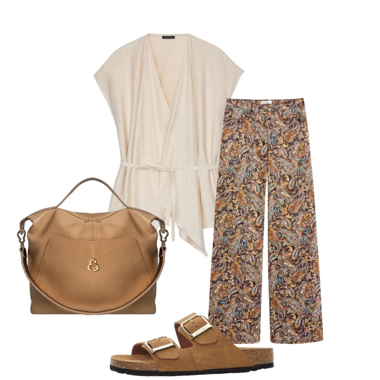 Outfit donna - Terra e sabbia. Stile Minimal per Tutti i giorni. Abbinamento con pantaloni, ciabatte, caftani, borse a mano.