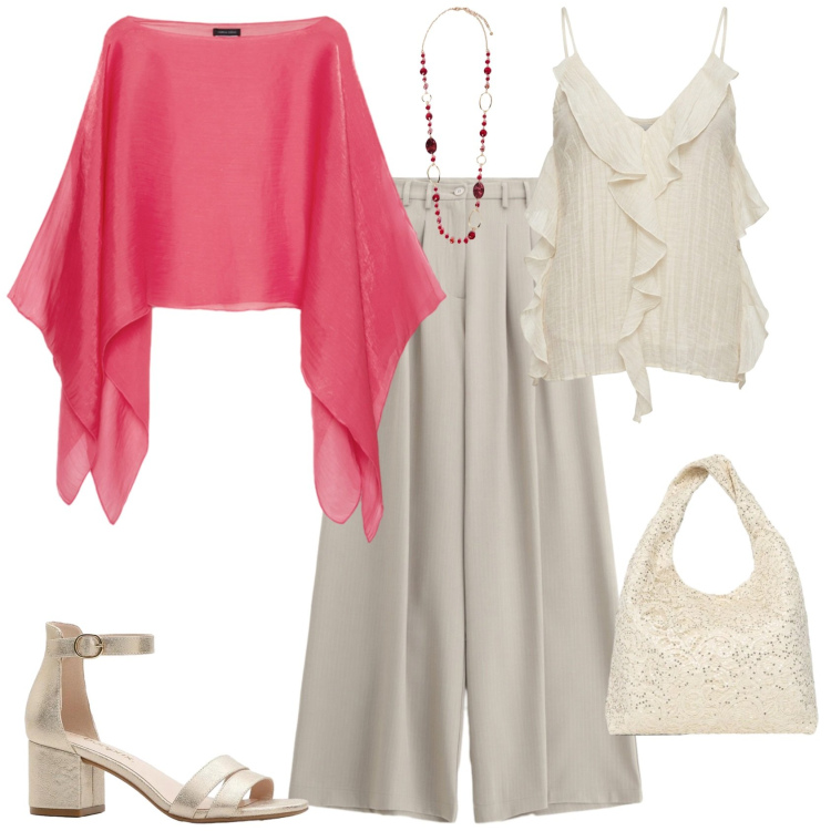 Outfit donna - Chic serata evento speciale. Stile Chic per Serata fuori. Abbinamento con sandali col tacco, borse a spalla, canottiere, pantaloni a palazzo, blazer, collane.