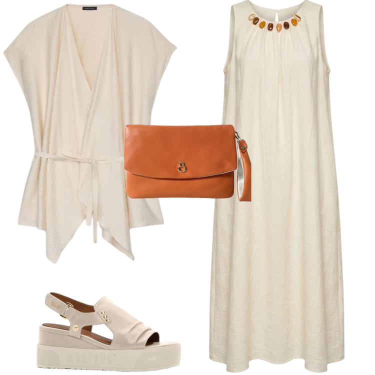 Outfit donna - Boho chic serata estiva. Stile Boho per Mare. Abbinamento con sandali, caftani, pochette, vestiti midi/longuette.