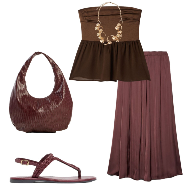 Outfit donna - Cena vista mare. Stile Casual chic per Serata fuori. Abbinamento con ciabatte, borse a spalla, top, gonne longuette, collane.