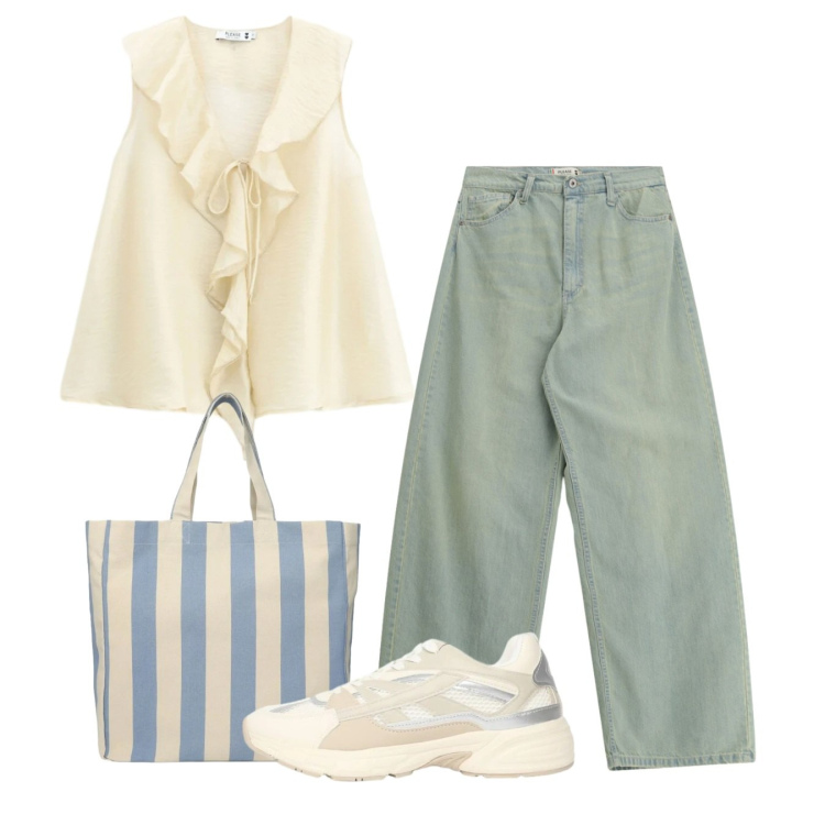 Outfit donna - Rouche. Stile Bon Ton per Tutti i giorni. Abbinamento con sneakers, shopping bag, top, jeans.