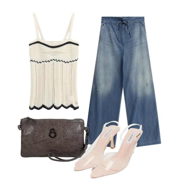 Outfit donna - Crochet. Stile Bon Ton per Tutti i giorni. Abbinamento con sandali col tacco, jeans, top, pochette.