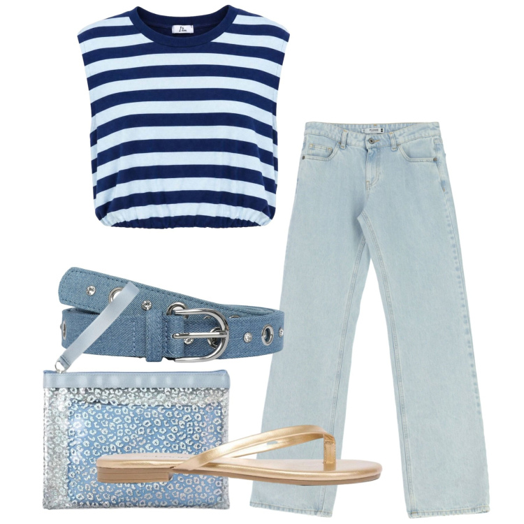 Outfit donna - Righe. Stile Casual per Tutti i giorni. Abbinamento con sandali, cinture, pochette, top, jeans dritti.